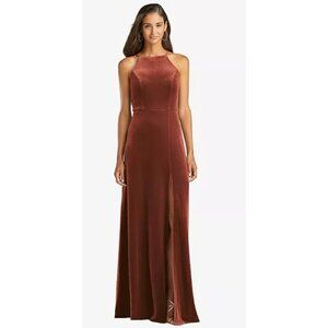 NWT Dessy Stretch Velvet High Neck Long Dress. Burnt Orange. Size 18